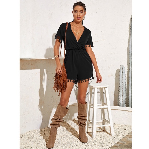 Boho Deep V Tassel Detail Black Romper - Picture 2 of 7